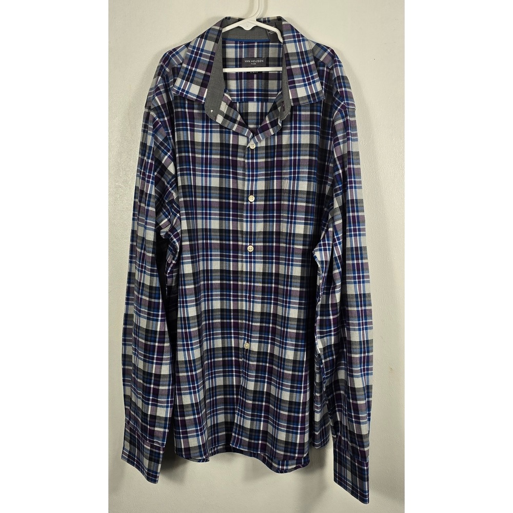 Van Heusen Flex Plaid Button Down Shirt L/G 16–16.5 Blue Purple Long Sleeve - Picture 2 of 3